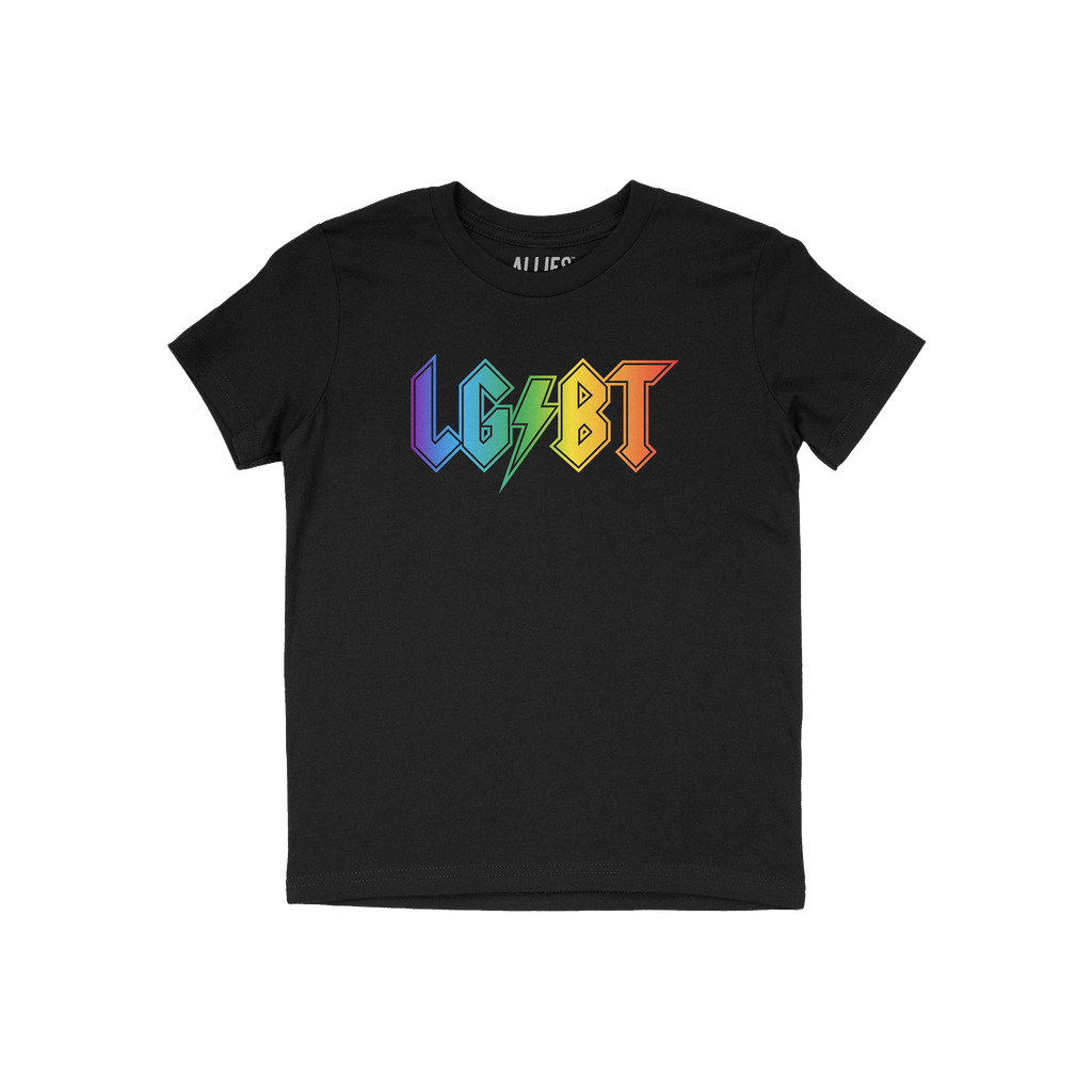 LGBTQ Rocks Shirt featuring a bold LGBT design in a rock-poster style, with a green lightning bolt for S. Available in variou