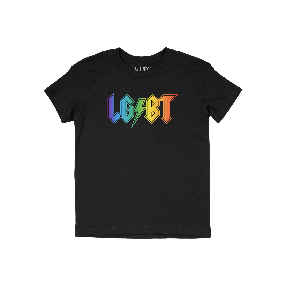 LGBTQ Rocks Shirt featuring a bold LGBT design in a rock-poster style, with a green lightning bolt for S. Available in variou