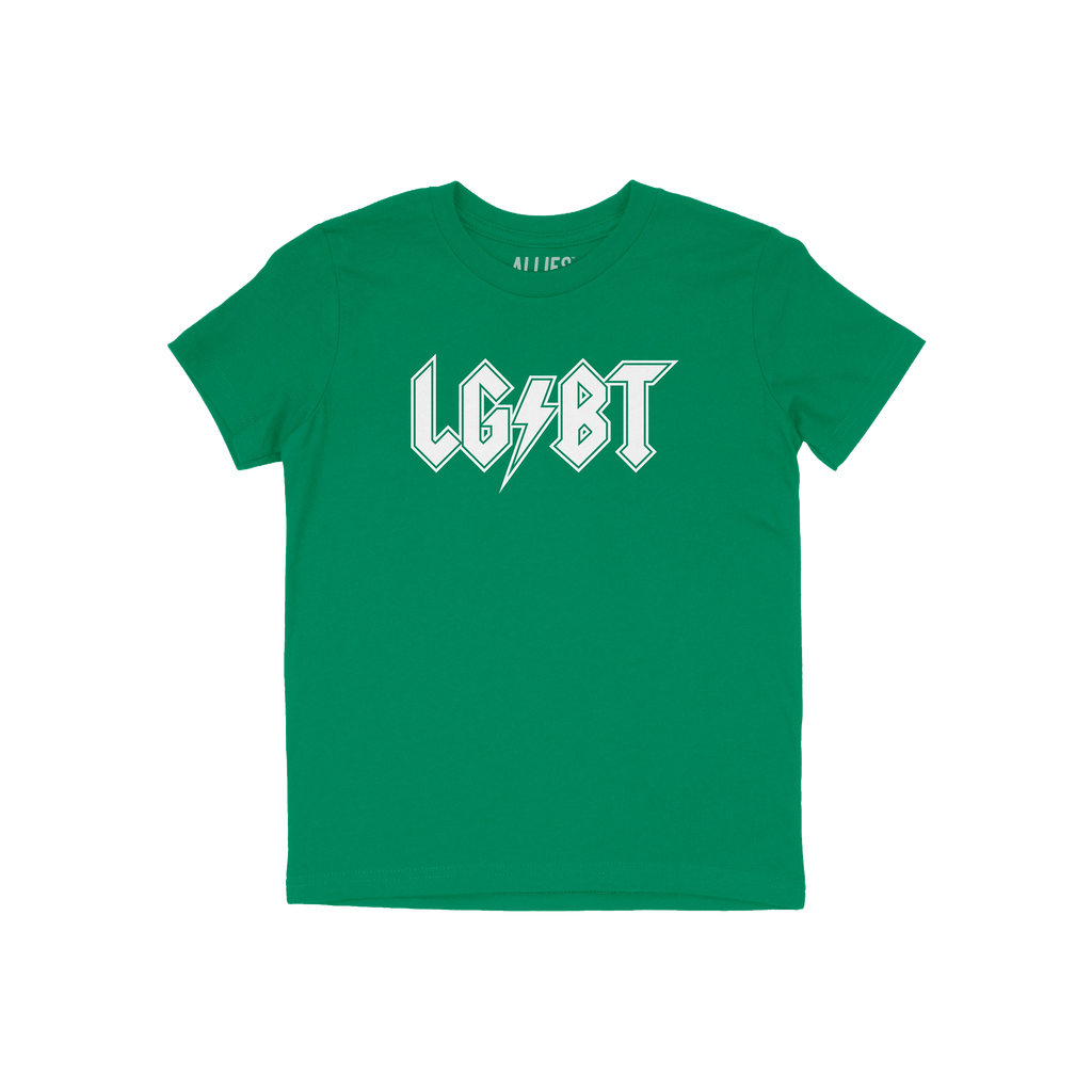 LGBTQ Rocks Shirt: A bold green T-shirt with LG BT in white, featuring a lightning bolt as the dash, echoing classic rock log