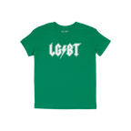 LGBTQ Rocks Shirt: A bold green T-shirt with LG BT in white, featuring a lightning bolt as the dash, echoing classic rock log
