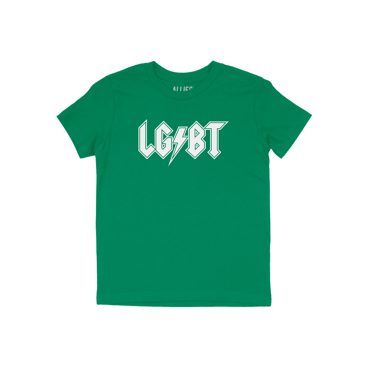 LGBTQ Rocks Shirt: A bold green T-shirt with LG BT in white, featuring a lightning bolt as the dash, echoing classic rock log
