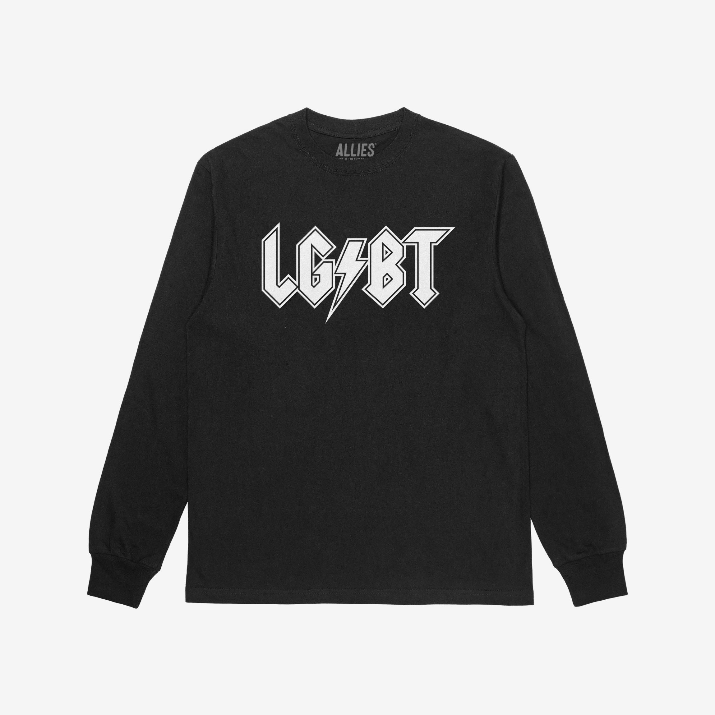 Black long-sleeve LGBTQ Rocks Shirt featuring bold LGBT text with a lightning bolt. ALLIES visible inside collar. Celebrates LGBTQ+ community, supporting The Trevor Project.