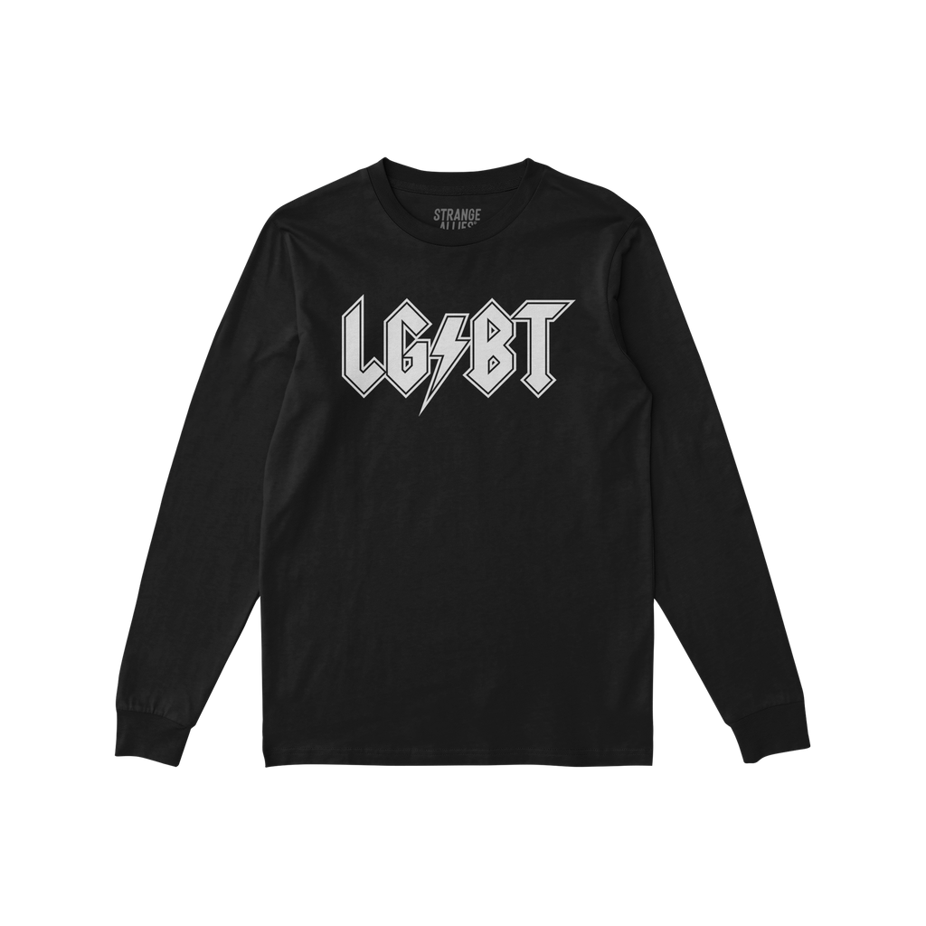 Black long-sleeve LGBTQ Rocks Shirt featuring bold LGBT text with a lightning bolt. ALLIES visible inside collar. Celebrates 