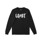 Black long-sleeve LGBTQ Rocks Shirt featuring bold LGBT text with a lightning bolt. ALLIES visible inside collar. Celebrates 