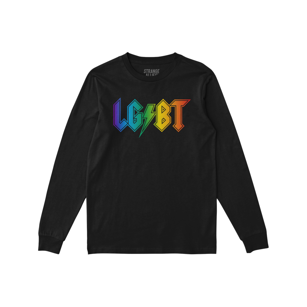 LGBTQ Rocks Shirt featuring a black long-sleeve design with LGBT in bold, rainbow-gradient letters. The S is creatively style