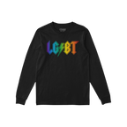 LGBTQ Rocks Shirt featuring a black long-sleeve design with LGBT in bold, rainbow-gradient letters. The S is creatively style