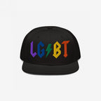 Black snapback hat with bold rainbow embroidery spelling LGBT with a lightning bolt, titled LGBTQ Rocks Hat.