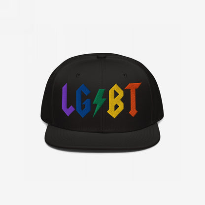 Black snapback hat with bold rainbow embroidery spelling LGBT with a lightning bolt, titled LGBTQ Rocks Hat.