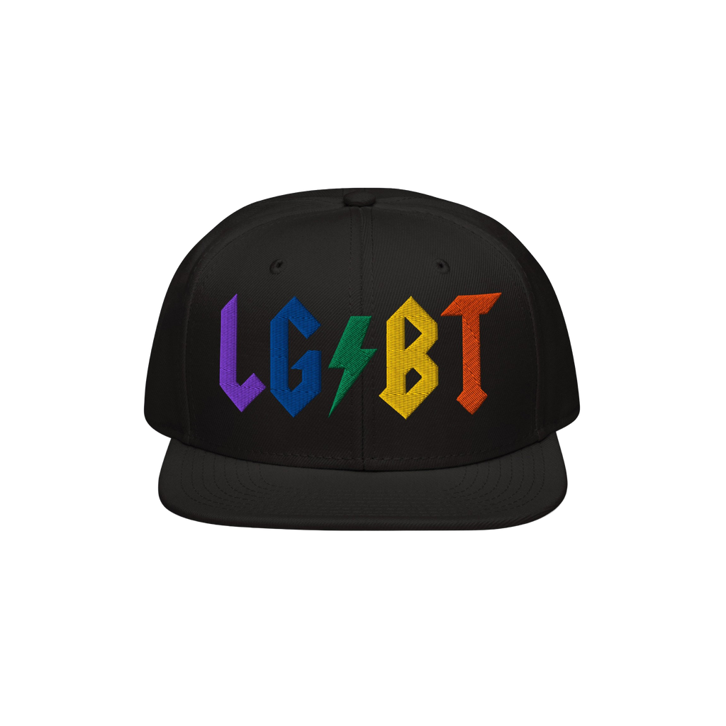 Black snapback hat with bold rainbow embroidery spelling LGBT with a lightning bolt, titled LGBTQ Rocks Hat.