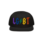 Black snapback hat with bold rainbow embroidery spelling LGBT with a lightning bolt, titled LGBTQ Rocks Hat.
