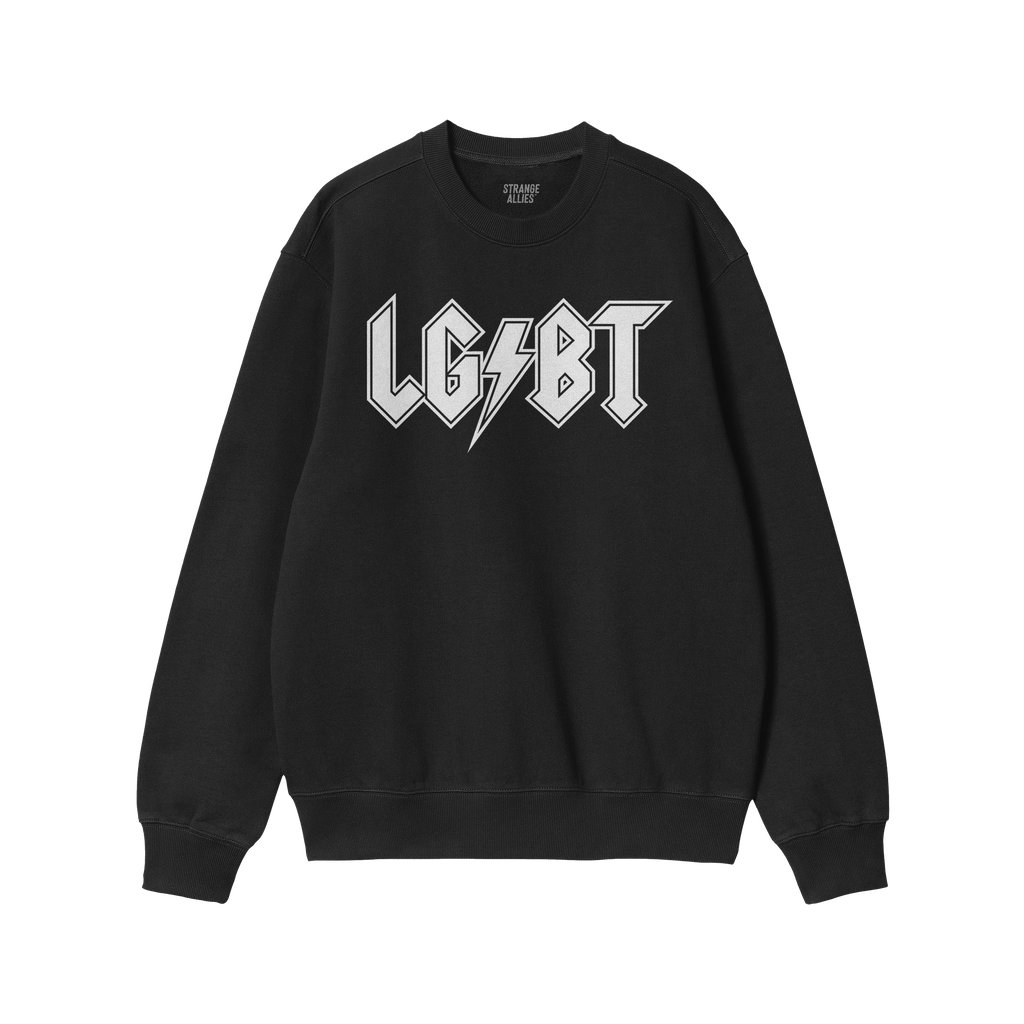 Black crew-neck sweatshirt featuring LGBT in a rock-band style font with a lightning bolt. The LGBTQ Rocks Shirt celebrates c