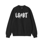 Black crew-neck sweatshirt featuring LGBT in a rock-band style font with a lightning bolt. The LGBTQ Rocks Shirt celebrates c