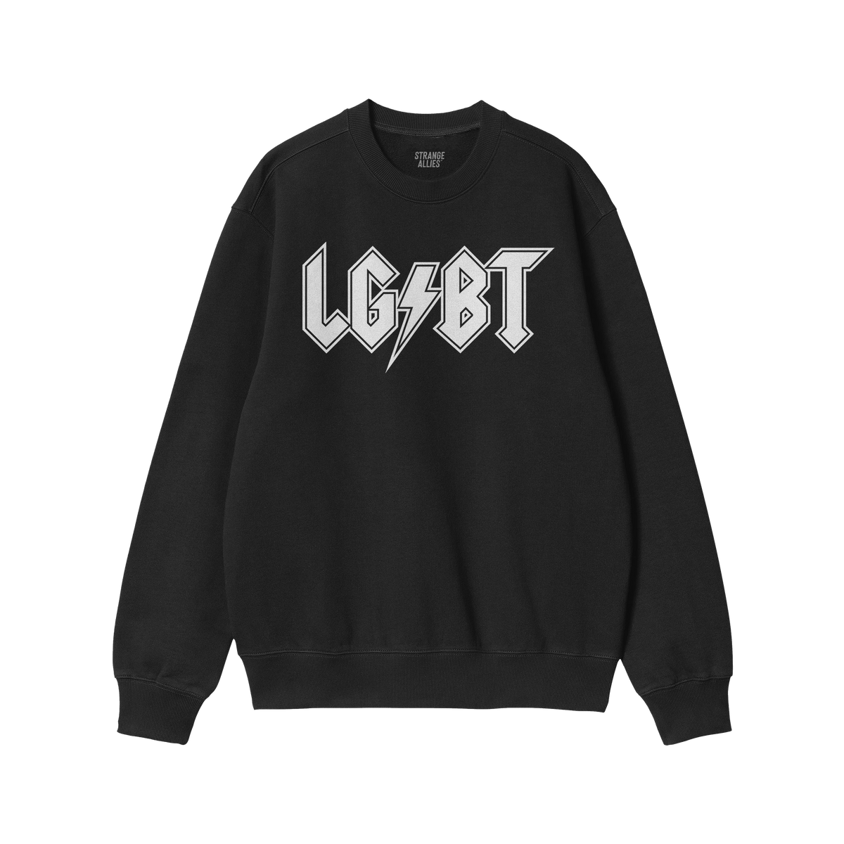 Black crew-neck sweatshirt featuring LGBT in a rock-band style font with a lightning bolt. The LGBTQ Rocks Shirt celebrates c