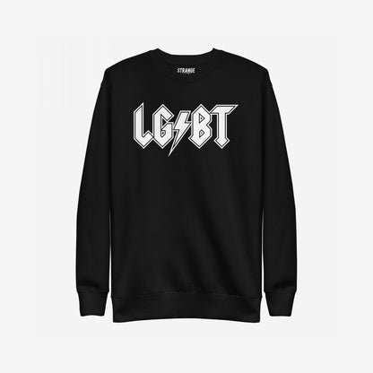 LGBTQ Rocks Hoodie & Sweatshirt featuring bold LGBT text with a lightning-bolt graphic, embodying rock-band style and pride. The neck label reads STRANGE, signaling the brand.