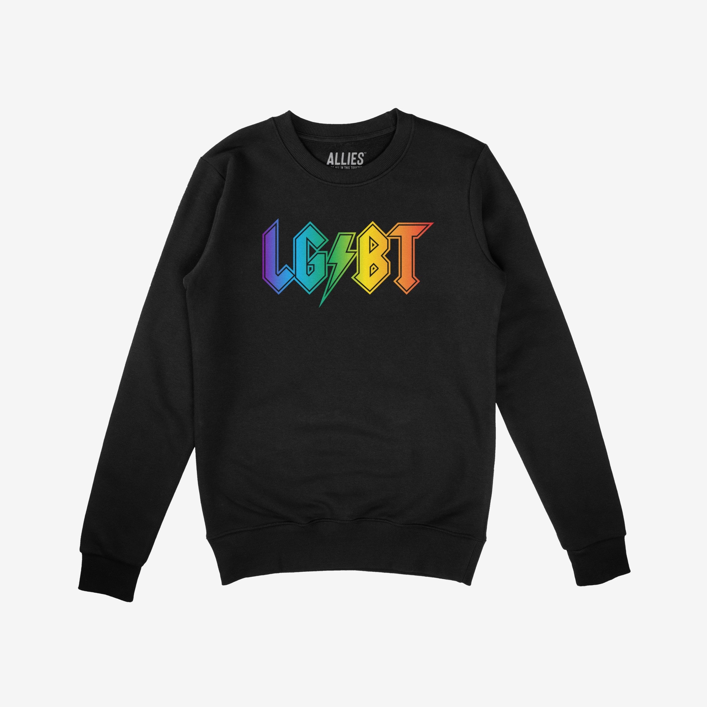 Black crew-neck sweatshirt featuring “LGBT” in rainbow shades with a lightning bolt “S”. Part of the LGBTQ Rocks Shirt collection, supporting The Trevor Project. Label reads “ALLIES.”
