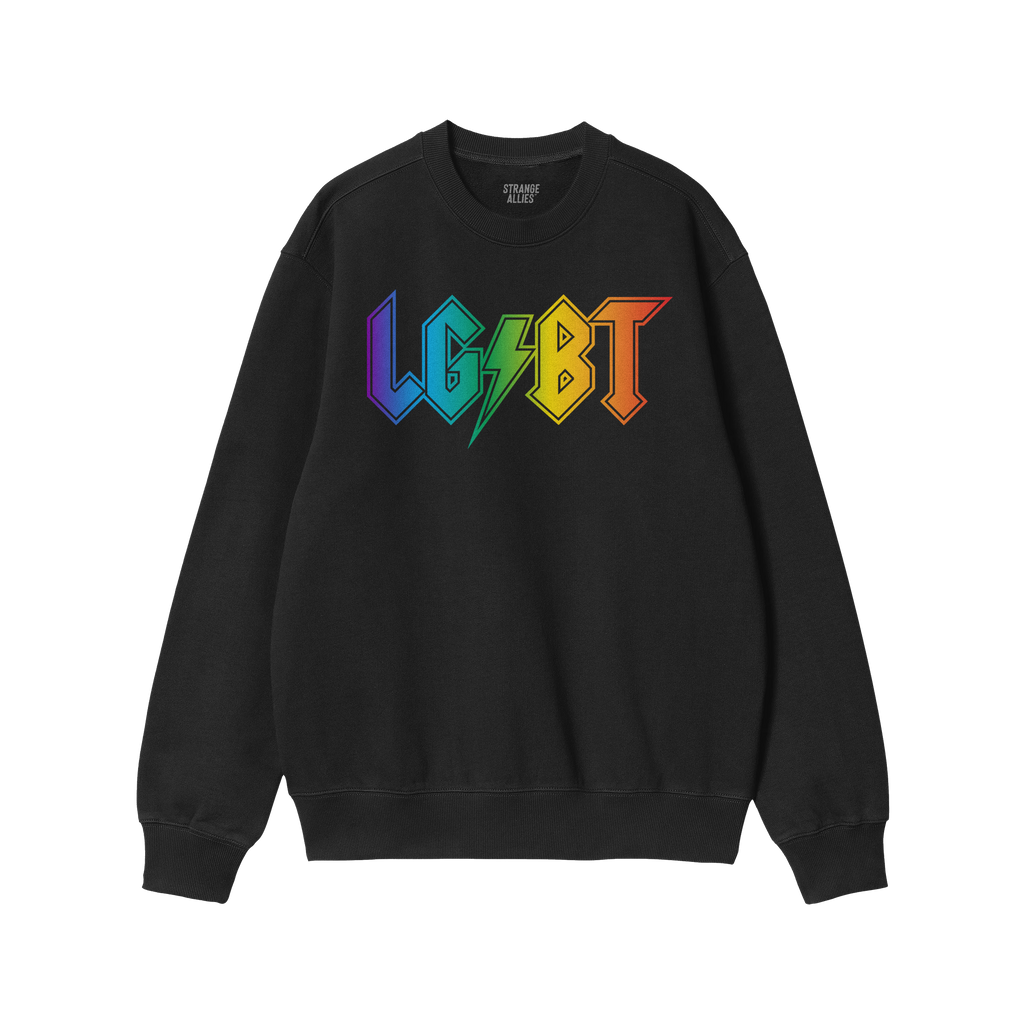 Black crew-neck sweatshirt featuring “LGBT” in rainbow shades with a lightning bolt “S”. Part of the LGBTQ Rocks Shir