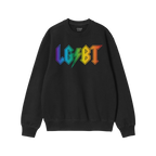 Black crew-neck sweatshirt featuring “LGBT” in rainbow shades with a lightning bolt “S”. Part of the LGBTQ Rocks Shir