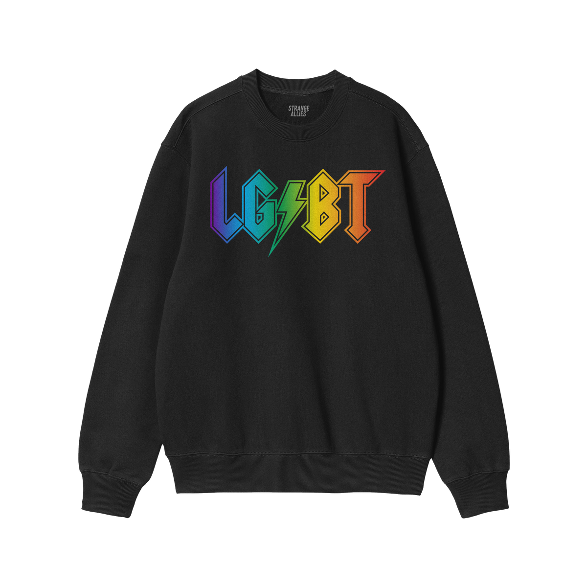 Black crew-neck sweatshirt featuring “LGBT” in rainbow shades with a lightning bolt “S”. Part of the LGBTQ Rocks Shir