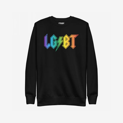 LGBTQ Rocks Hoodie & Sweatshirt featuring a black crewneck with LGBT in rainbow colors and a lightning bolt G, representing pride and resilience.
