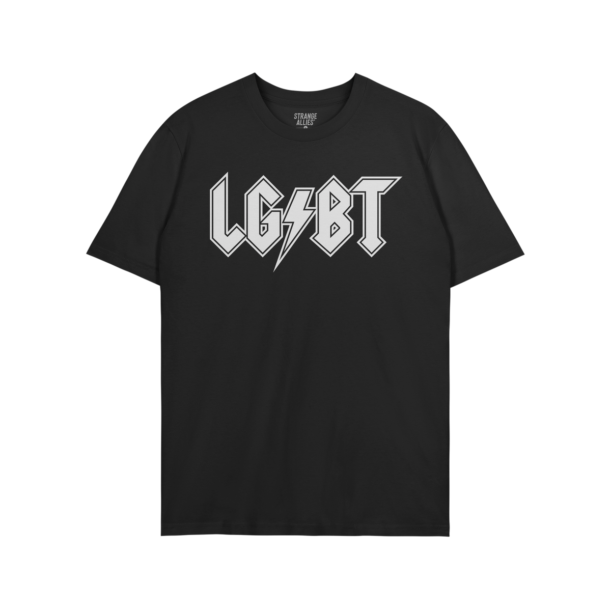 Black short-sleeve LGBTQ Rocks Shirt featuring a white rock-style “LGBT” logo with a lightning bolt. The neck label reads