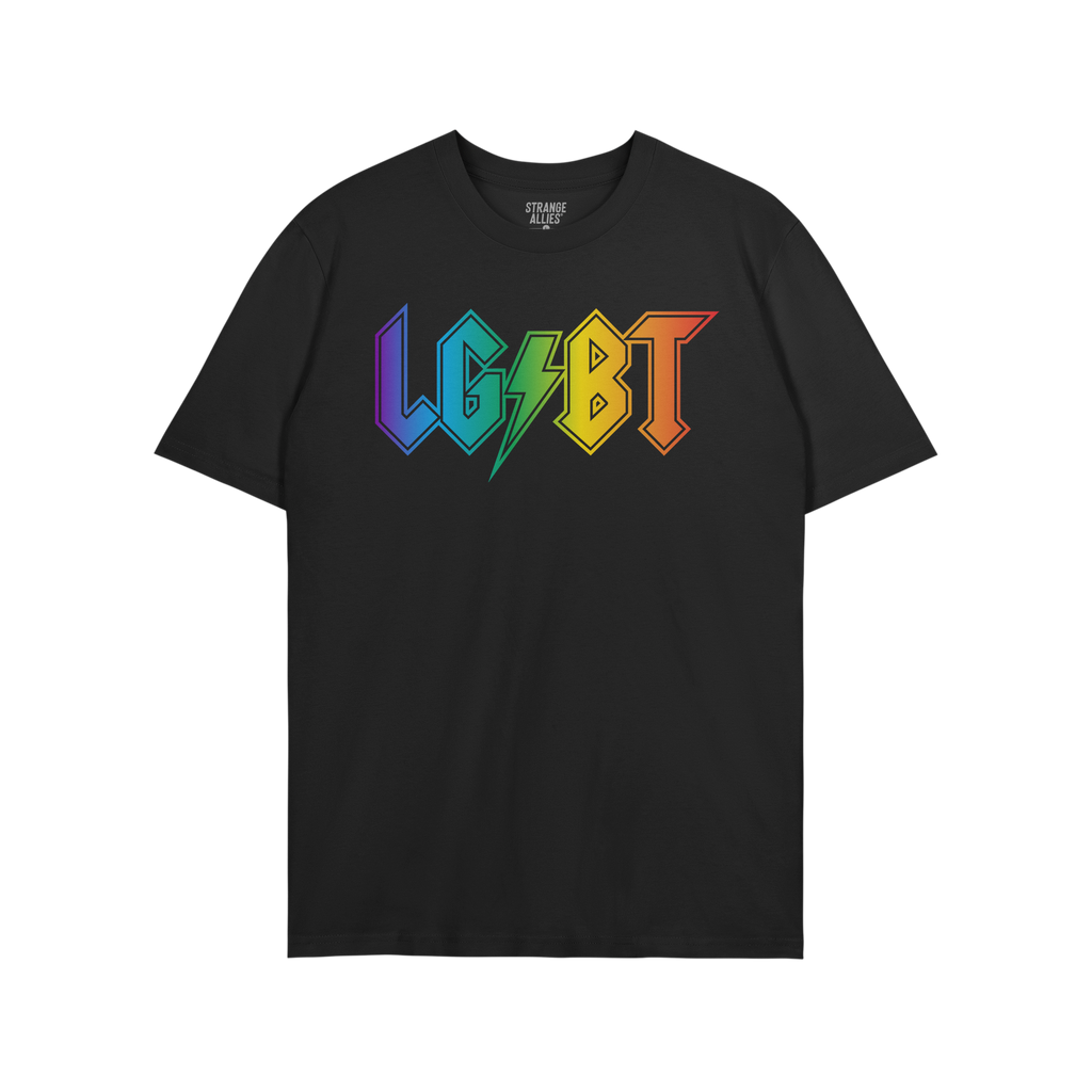 Black crew-neck LGBTQ Rocks Shirt featuring a rainbow gradient logo with a lightning bolt on chest. Supports The Trevor Proje