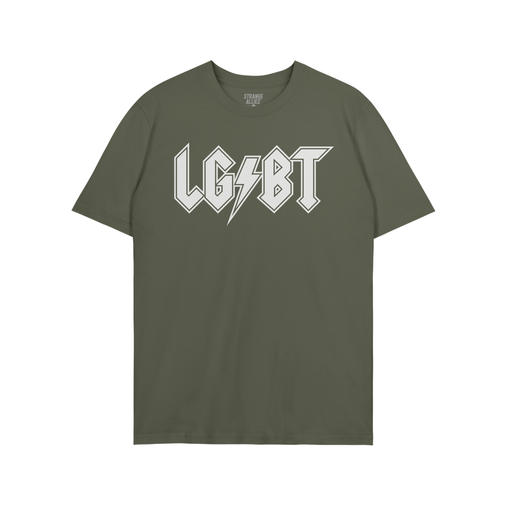 LGBTQ Rocks Shirt features a white LG⚡BT logo on a green T-shirt, celebrating the LGBTQ+ community. The collar label reads 