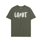 LGBTQ Rocks Shirt features a white LG⚡BT logo on a green T-shirt, celebrating the LGBTQ+ community. The collar label reads 