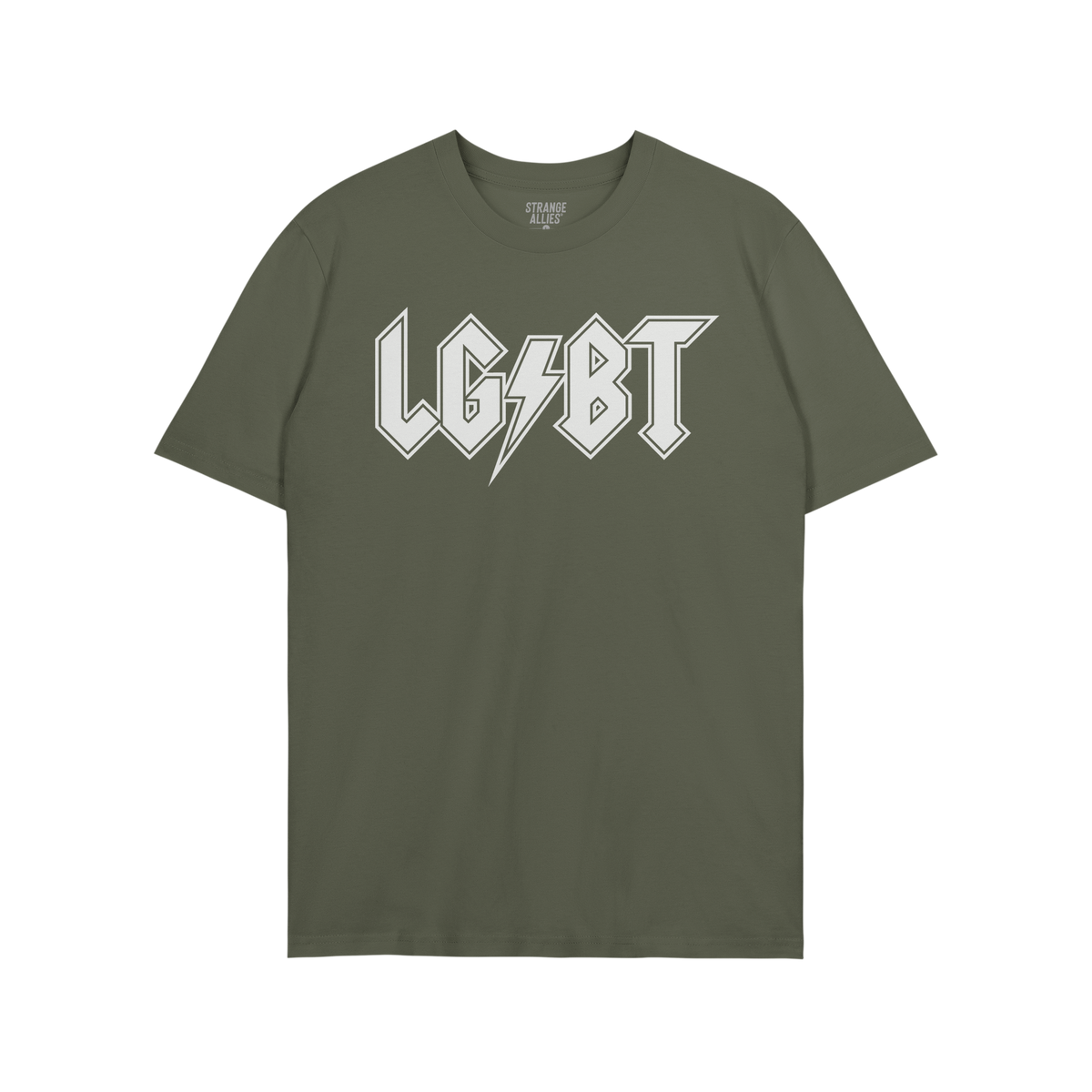LGBTQ Rocks Shirt features a white LG⚡BT logo on a green T-shirt, celebrating the LGBTQ+ community. The collar label reads 