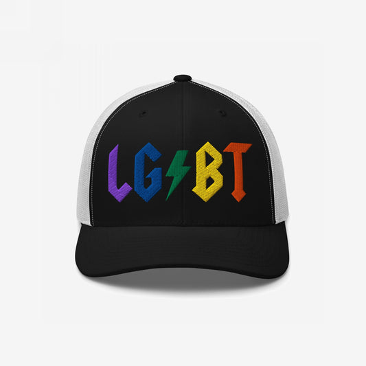 LGBTQ Rocks Hat with rainbow embroidered LGBT lightning bolt design on black and white trucker style cap.