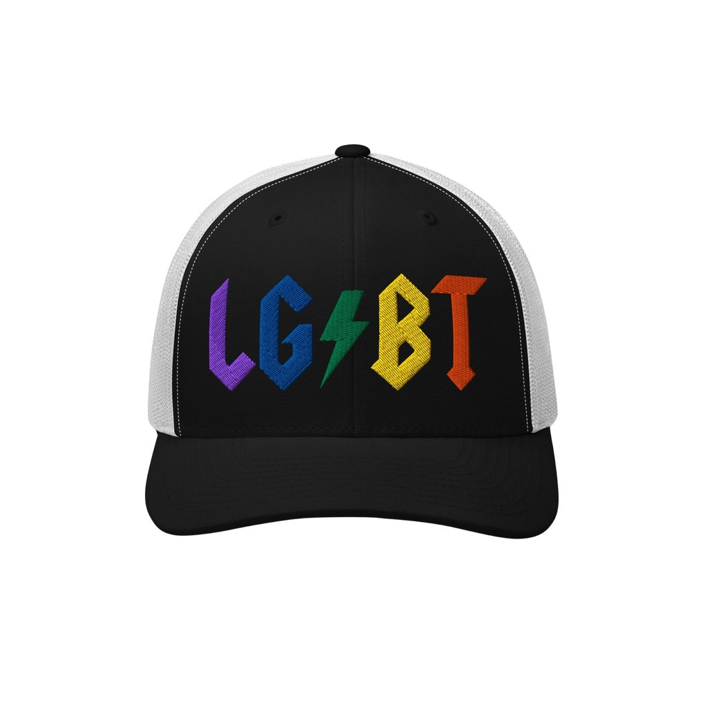 LGBTQ Rocks Hat with rainbow embroidered LGBT lightning bolt design on black and white trucker style cap.