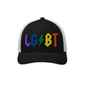 LGBTQ Rocks Hat with rainbow embroidered LGBT lightning bolt design on black and white trucker style cap.