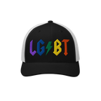 LGBTQ Rocks Hat with rainbow embroidered LGBT lightning bolt design on black and white trucker style cap.
