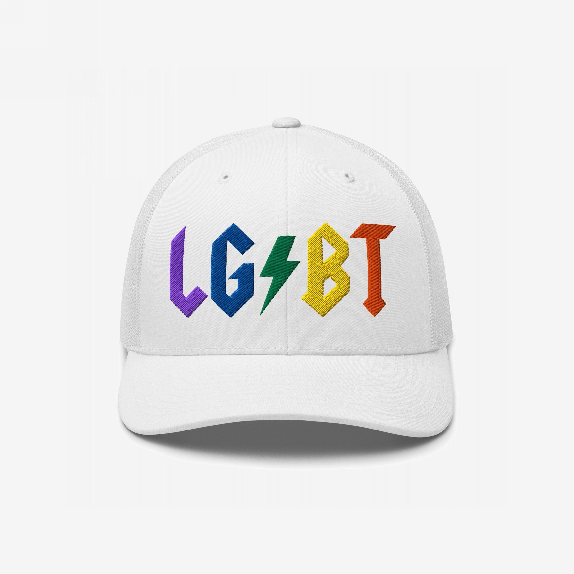 White hat with rainbow embroidered letters and a lightning bolt design, titled LGBTQ Rocks Hat, celebrating queer pride and power.