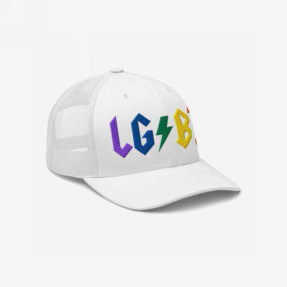 White mesh trucker hat with bold rainbow "LGBT" and lightning bolt embroidery, titled LGBTQ Rocks Hat.