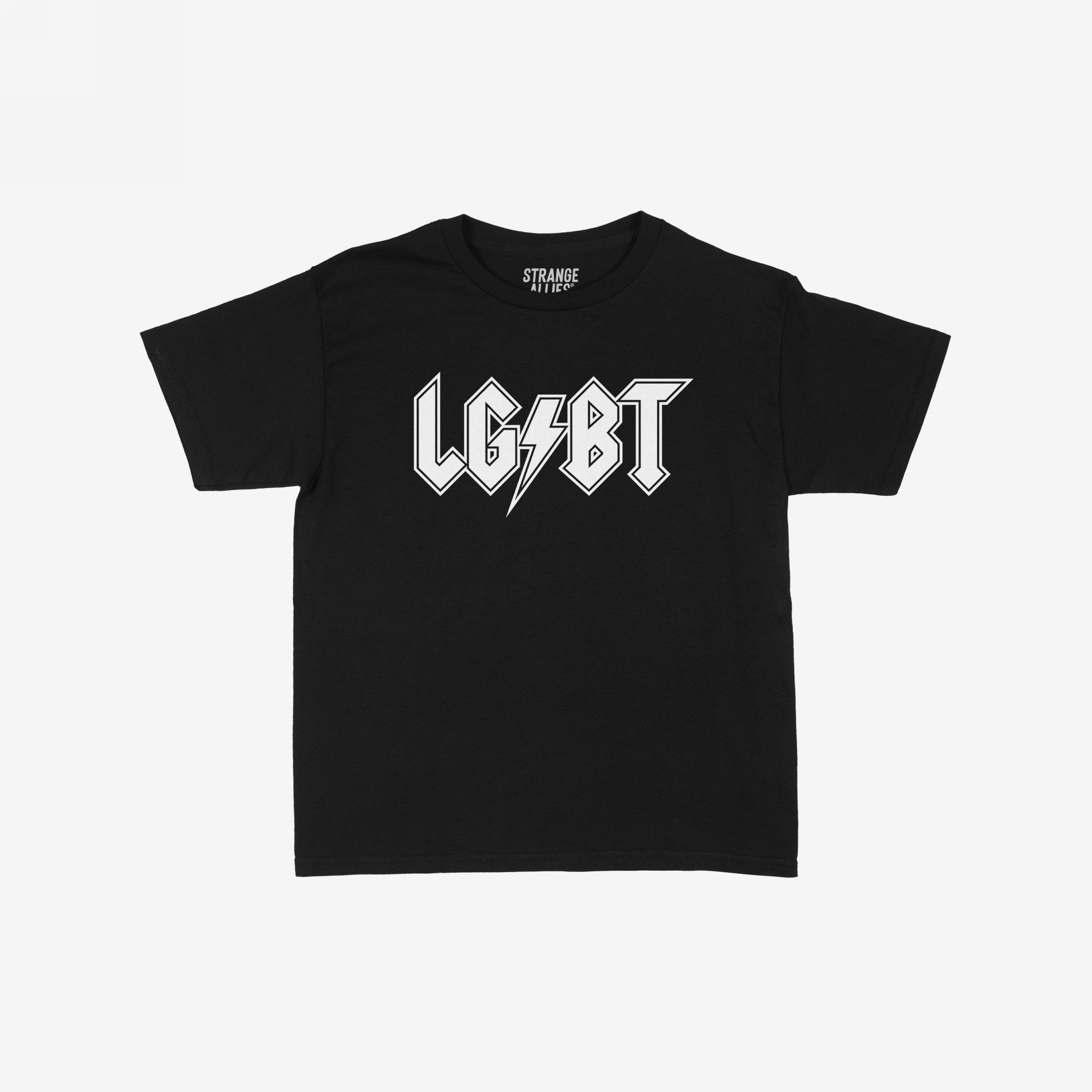 LGBTQ Rocks Women's Baby Tee featuring a bold, heavy-metal style LGBT with a lightning bolt motif, embodying rock band energy and LGBTQ+ pride. Brand label STRANGE ALLIES visible at the neckline.