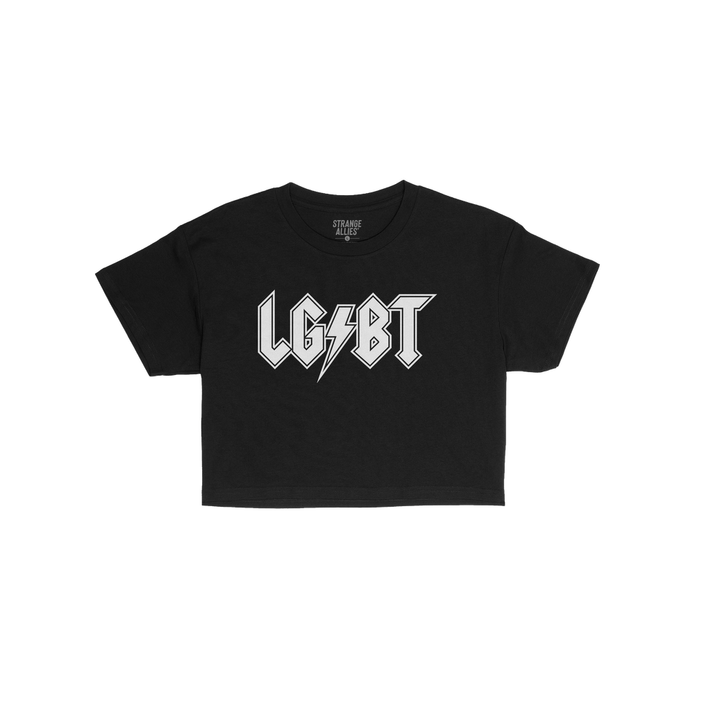 LGBTQ Rocks Women's Baby Tee featuring a bold, heavy-metal style LGBT with a lightning bolt motif, embodying rock band energy