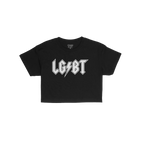LGBTQ Rocks Women's Baby Tee featuring a bold, heavy-metal style LGBT with a lightning bolt motif, embodying rock band energy