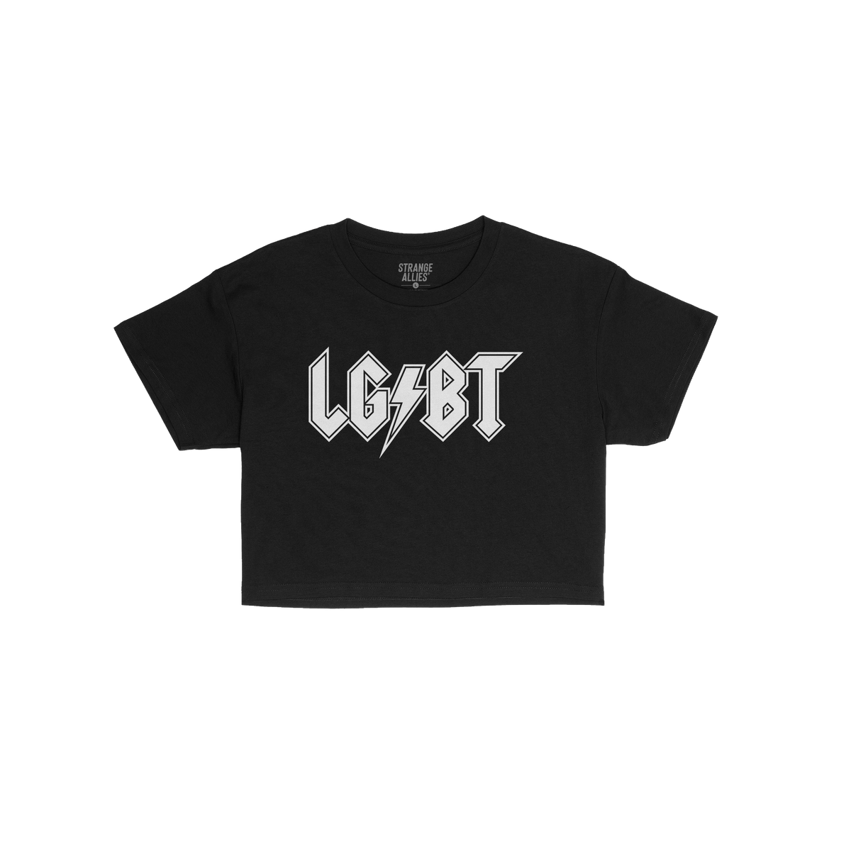 LGBTQ Rocks Women's Baby Tee featuring a bold, heavy-metal style LGBT with a lightning bolt motif, embodying rock band energy