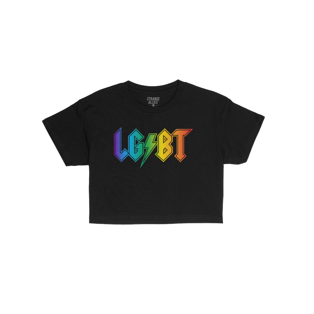 LGBTQ Rocks Women's Baby Tee featuring a bold, rainbow-gradient LGBT in rock-band style font with a lightning bolt. This crop