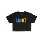 LGBTQ Rocks Women's Baby Tee featuring a bold, rainbow-gradient LGBT in rock-band style font with a lightning bolt. This crop