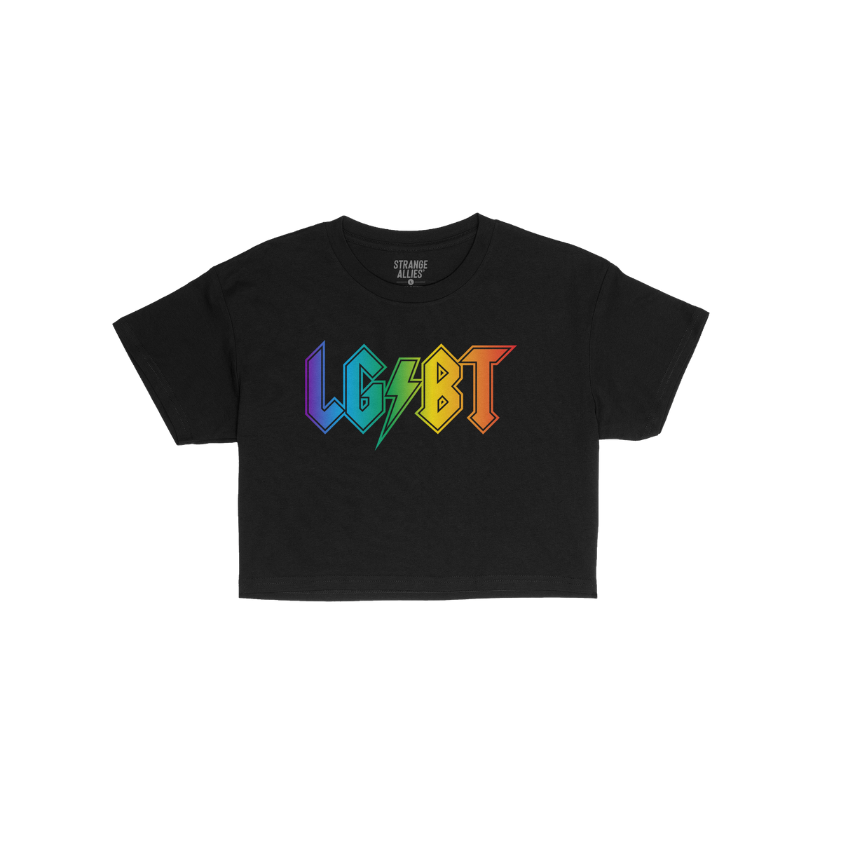 LGBTQ Rocks Women's Baby Tee featuring a bold, rainbow-gradient LGBT in rock-band style font with a lightning bolt. This crop