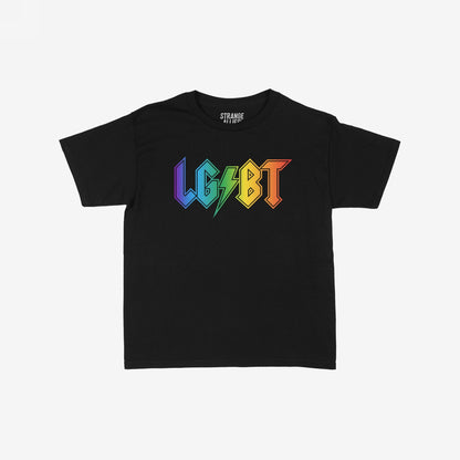 LGBTQ Rocks T-shirt featuring a bold, rainbow-gradient LGBT wordmark in a rock-band style on a black short-sleeved tee, embodying pride and resistance, by STRANGE ALLIES.