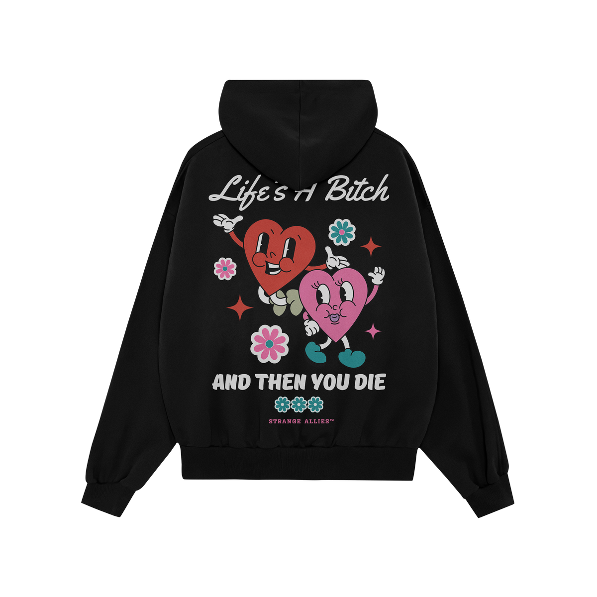 Life's A Bitch Shirt featuring retro-cartoon design with cheerful, dancing hearts and bold slogans, capturing a candid, unapo