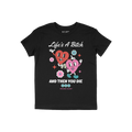 Life's A Bitch Shirt featuring retro-cartoon design with two smiling hearts, flowers, and sparkles, boldly stating 'Life’s 
