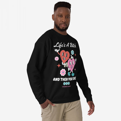 Life's A Bitch Hoodie & Sweatshirt featuring retro-cartoon hearts and flowers with a bold slogan, worn by a male model. Perfect for those embracing stark honesty and comfort.