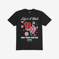 Life's A Bitch Shirt featuring dancing cartoon hearts and bold text expressing life's harsh truth. Perfect for those embracing reality with humor. Brand: Strange Allies.