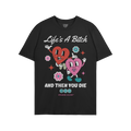 Life's A Bitch Shirt featuring dancing cartoon hearts and bold text expressing life's harsh truth. Perfect for those embracin
