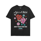 Life's A Bitch Shirt featuring dancing cartoon hearts and bold text expressing life's harsh truth. Perfect for those embracin