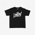 London Handstyle Women's Baby Tee in black, featuring bold white graffiti-style London script across the chest. Brand name Strange Allies visible inside the collar, laid flat on a white background.