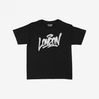 London Handstyle Women's Baby Tee in black, featuring bold white graffiti-style London script across the chest. Brand name Strange Allies visible inside the collar, laid flat on a white background.